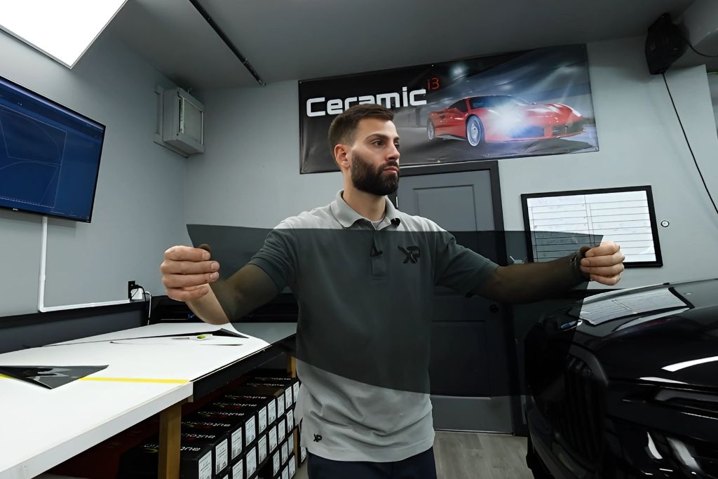 A technician holds a sheet of nano-ceramic window tint, preparing to apply it to a vehicle inside a detailing shop equipped with precision tools and displays.