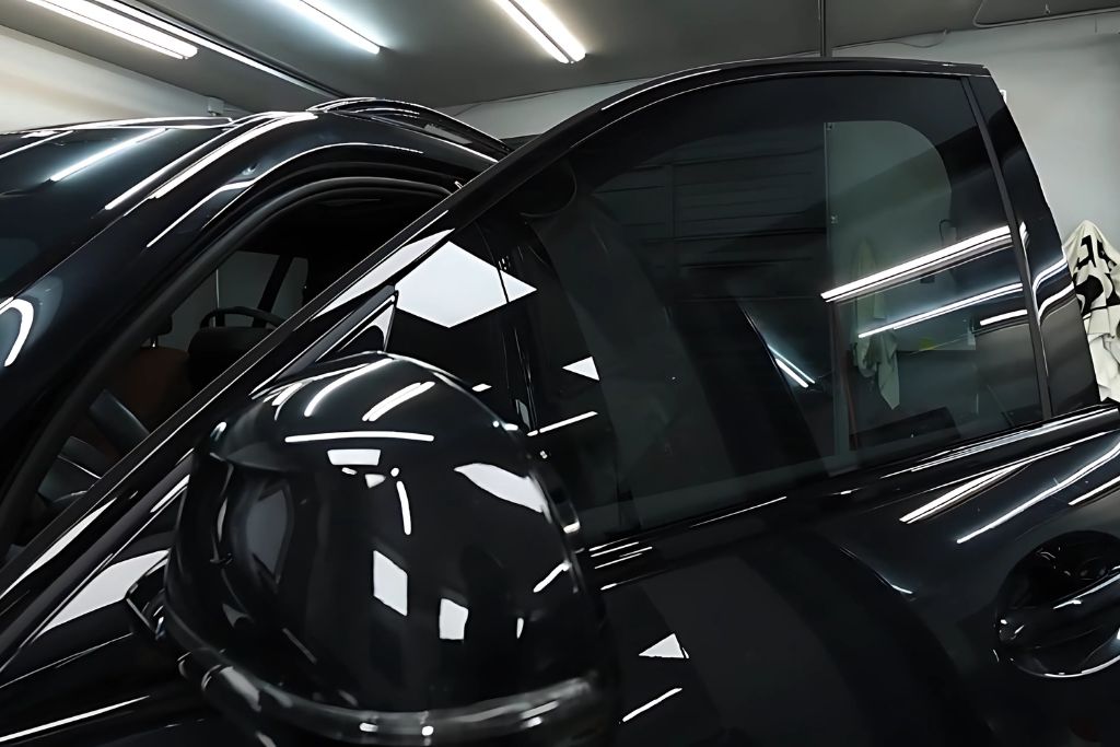 Close-up of a car with dark-tinted side windows in a well-lit garage. The tint provides privacy and UV protection while maintaining a sleek appearance on the vehicle.