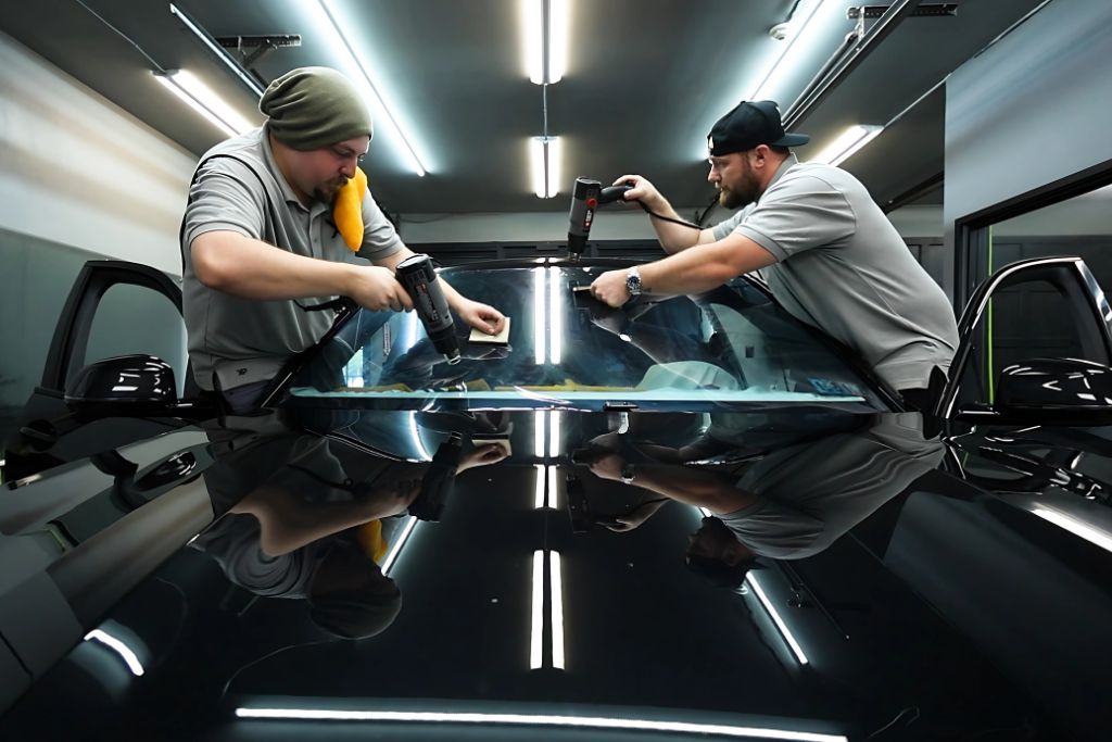 Two professional technicians carefully install window tint on a car windshield in a well-lit garage, using heat guns and precision tools. The black car reflects the workspace’s bright lighting, highlighting the quality and attention to detail.