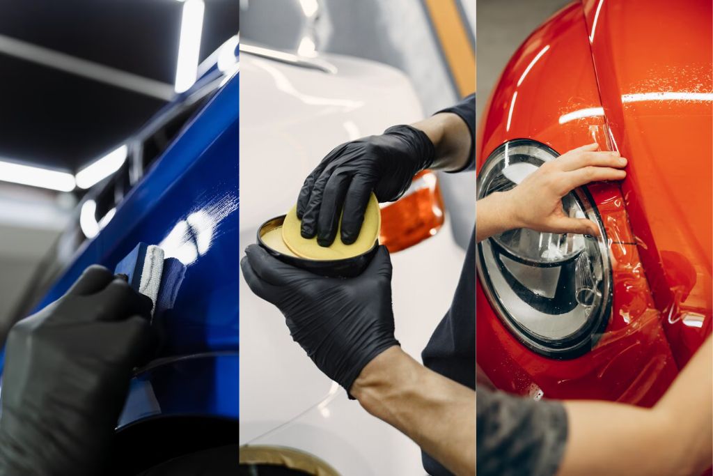 Three-panel image showing a gloved hand applying ceramic coating to a blue car, another hand buffing wax onto a white car, and a person installing clear paint protection film on a red car’s headlight, illustrating different paint protection methods.