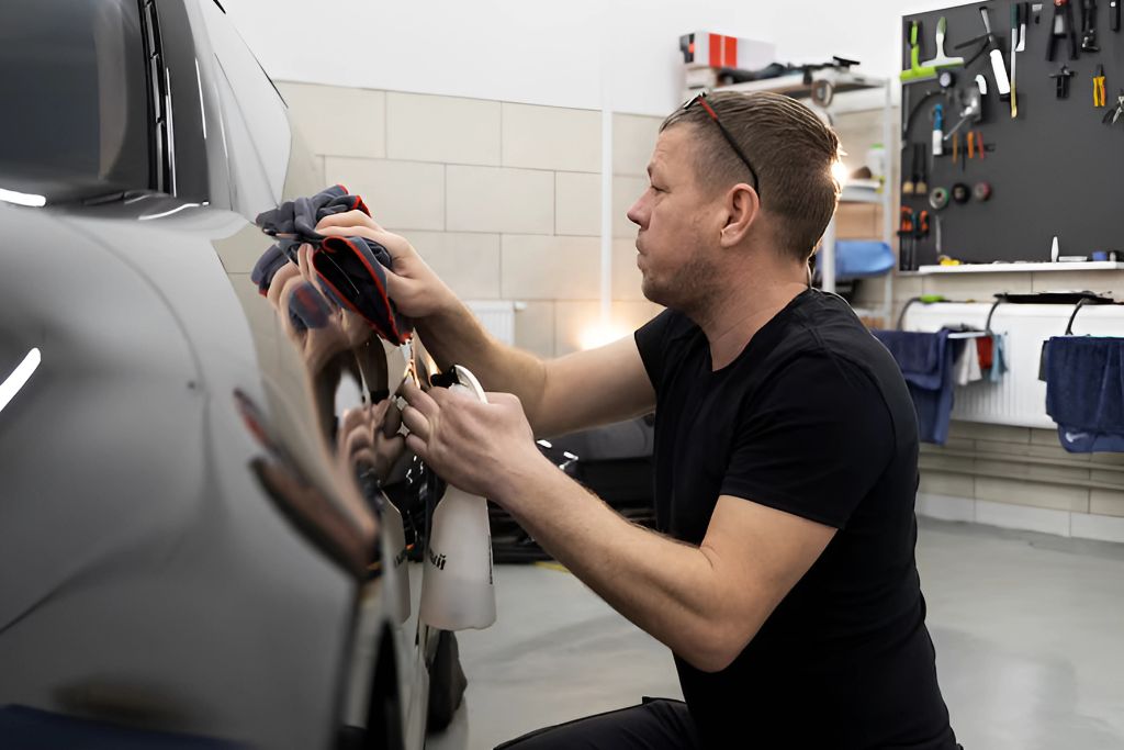 A man in a black shirt kneels beside a shiny black car, cleaning its surface with microfiber cloths and a spray bottle inside a well-equipped detailing shop.