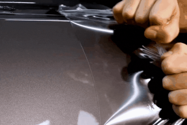 Close-up of hands stretching and applying a clear paint protection film over a metallic car hood, showing the glossy surface underneath as the film smoothly adheres.