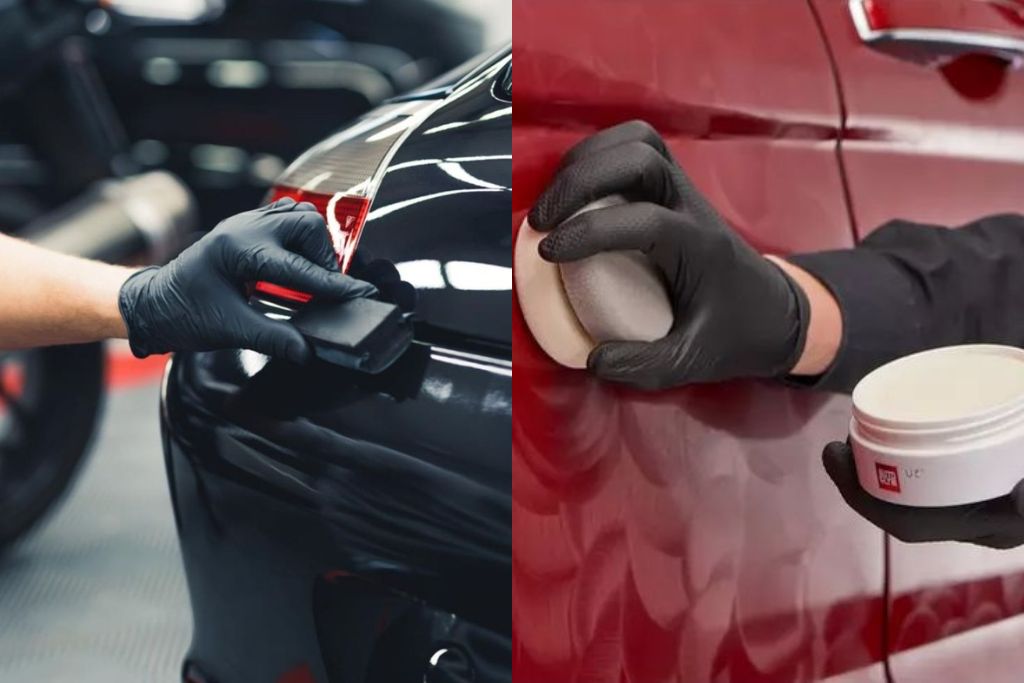 Side-by-side image showing a person applying ceramic coating to a glossy black car on the left and another person applying traditional wax to a red car on the right, both using applicator pads and wearing black gloves.