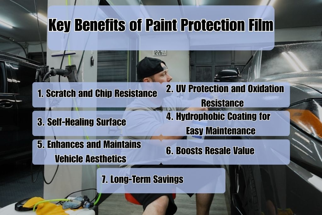 An auto detailer in a garage applies paint protection film to a vehicle's surface while seven key benefits of PPF are overlaid on the image: 1. Scratch and Chip Resistance, 2. UV Protection and Oxidation Resistance, 3. Self-Healing Surface, 4. Hydrophobic Coating for Easy Maintenance, 5. Enhances and Maintains Vehicle Aesthetics, 6. Boosts Resale Value, and 7. Long-Term Savings.