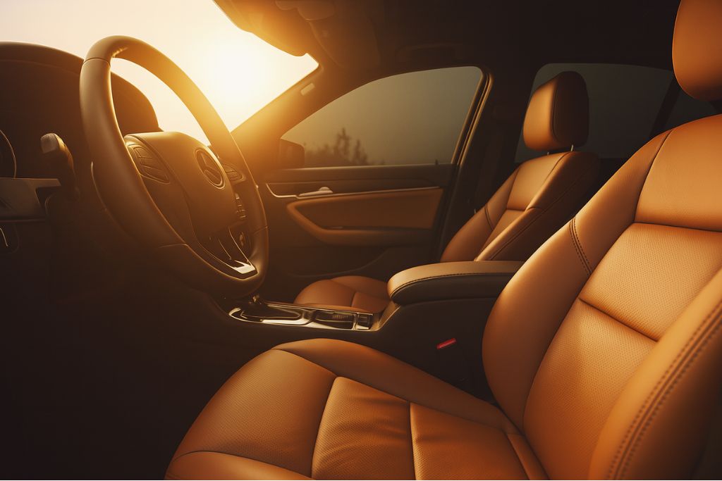 Sunlight pours into a luxury car's interior, illuminating tan leather seats and dashboard, emphasizing the need for heat-reducing window film to keep interiors cool and protected.