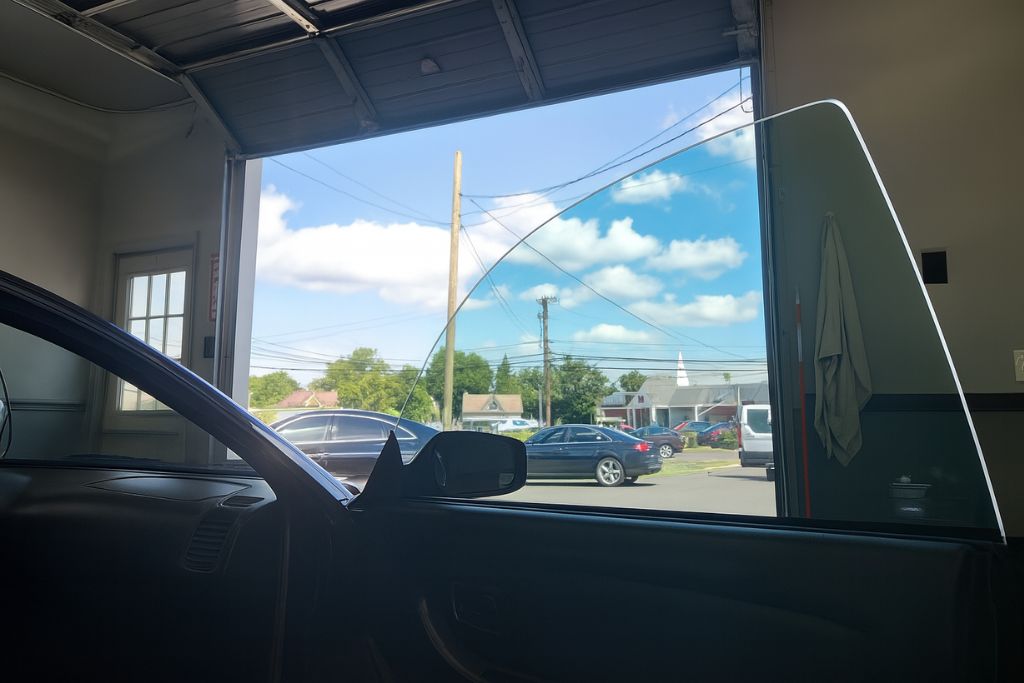 View from inside a car with the window partially rolled down, showing a clear contrast between the tinted and non-tinted glass—demonstrating effective glare reduction from sunlight.