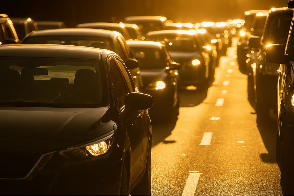 A line of cars caught in heavy traffic during golden hour, with intense sunlight glaring off windshields and hoods—highlighting the need for UV-protective window tint to reduce sun exposure.