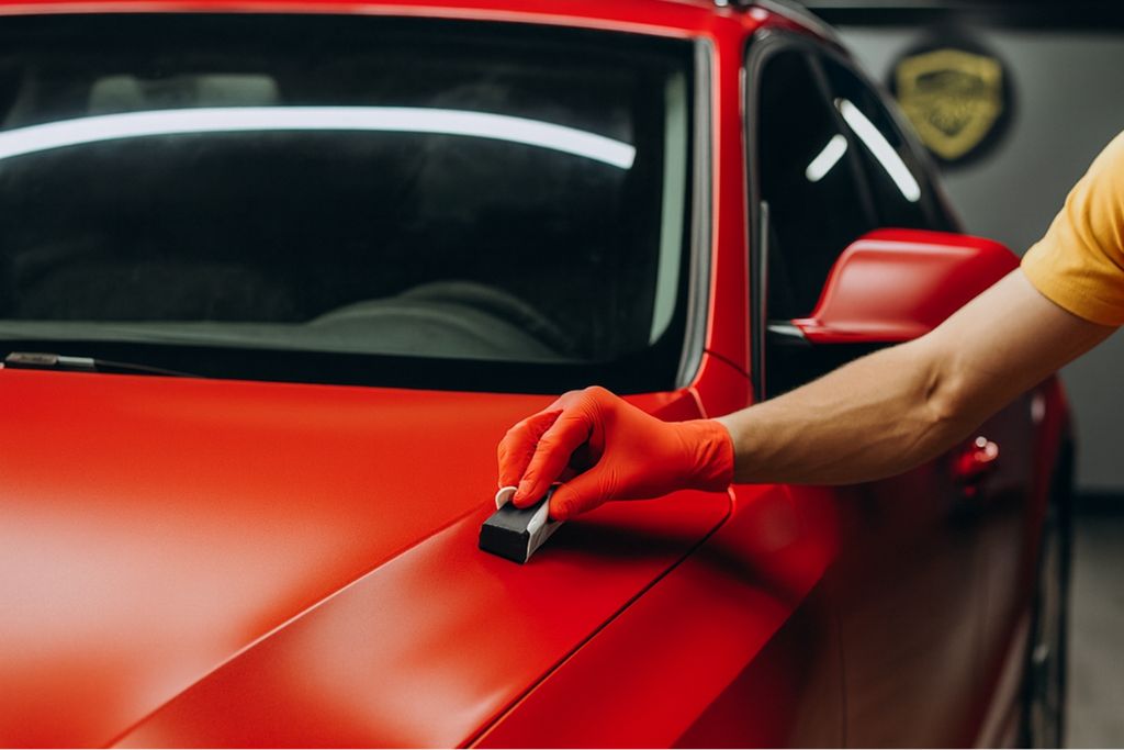 A person wearing red gloves applies ceramic coating to the hood of a red car in a detailing shop, demonstrating the process of bonding the liquid polymer to the paint. This image visually supports the topic: How Ceramic Coating Works by showing the hands-on application that creates a long-lasting protective barrier.