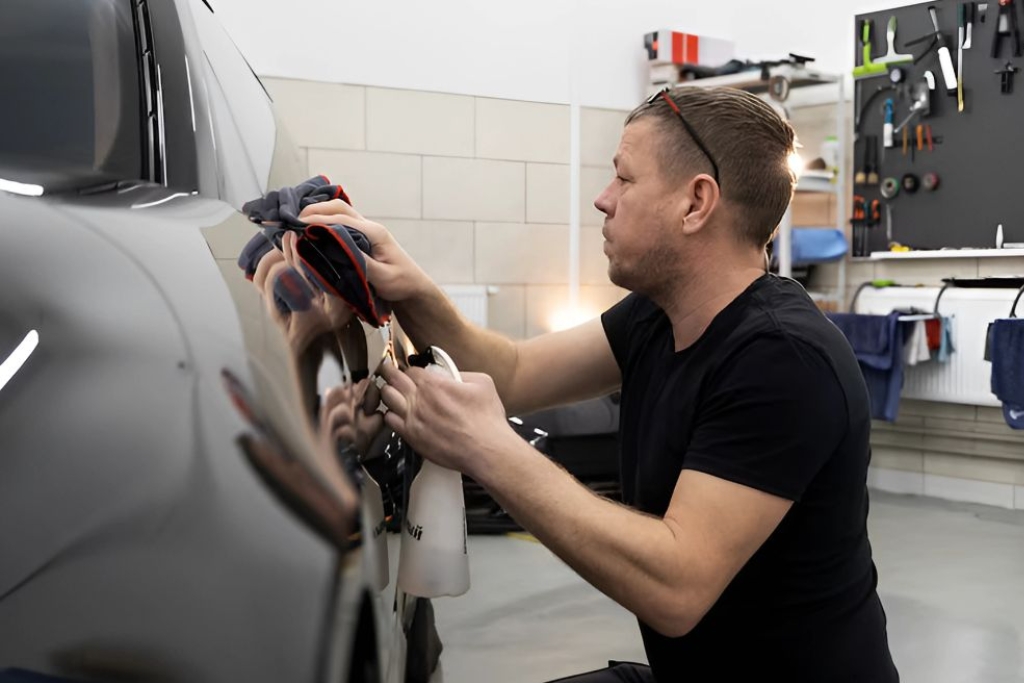 Chemical Strippers — an auto detailer in Southampton, PA carefully applying a chemical remover with microfiber cloths to dissolve ceramic coating from a dark vehicle