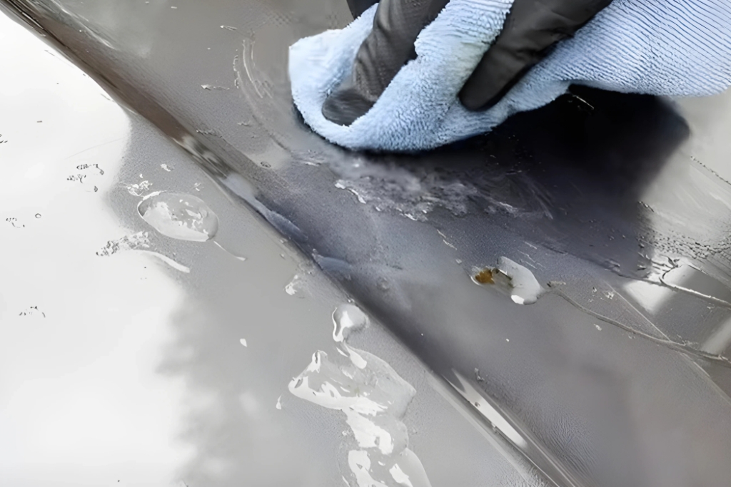 Gloved hand using a microfiber cloth to wipe chemical residue off a car’s surface, demonstrating how ceramic coating protects from chemical contaminants by preventing bonding and damage to the paint.