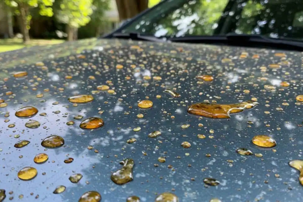 Close-up of amber-colored tree sap and water beading on a car hood, visually demonstrating the benefits of hydrophobic ceramic coating that prevents contaminants from sticking and makes cleaning easier.
