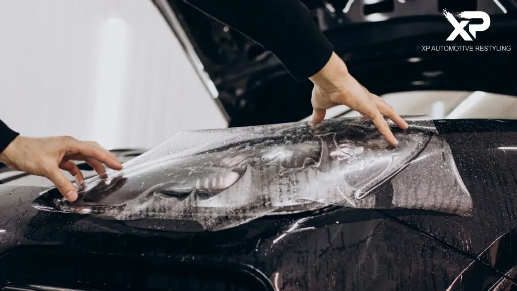 Two hands position a wet sheet of paint protection film over the hood and headlight of a black car, with visible water droplets and the XP Automotive Restyling logo in the corner.