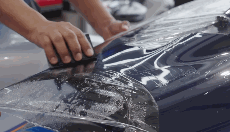 Hands use a squeegee to press paint protection film onto a wet blue fender, removing bubbles and wrinkles.