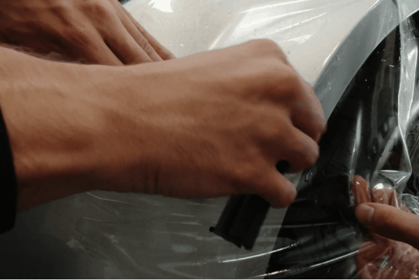 Close-up of a technician using a squeegee to smooth paint protection film on a car panel during PPF installation.