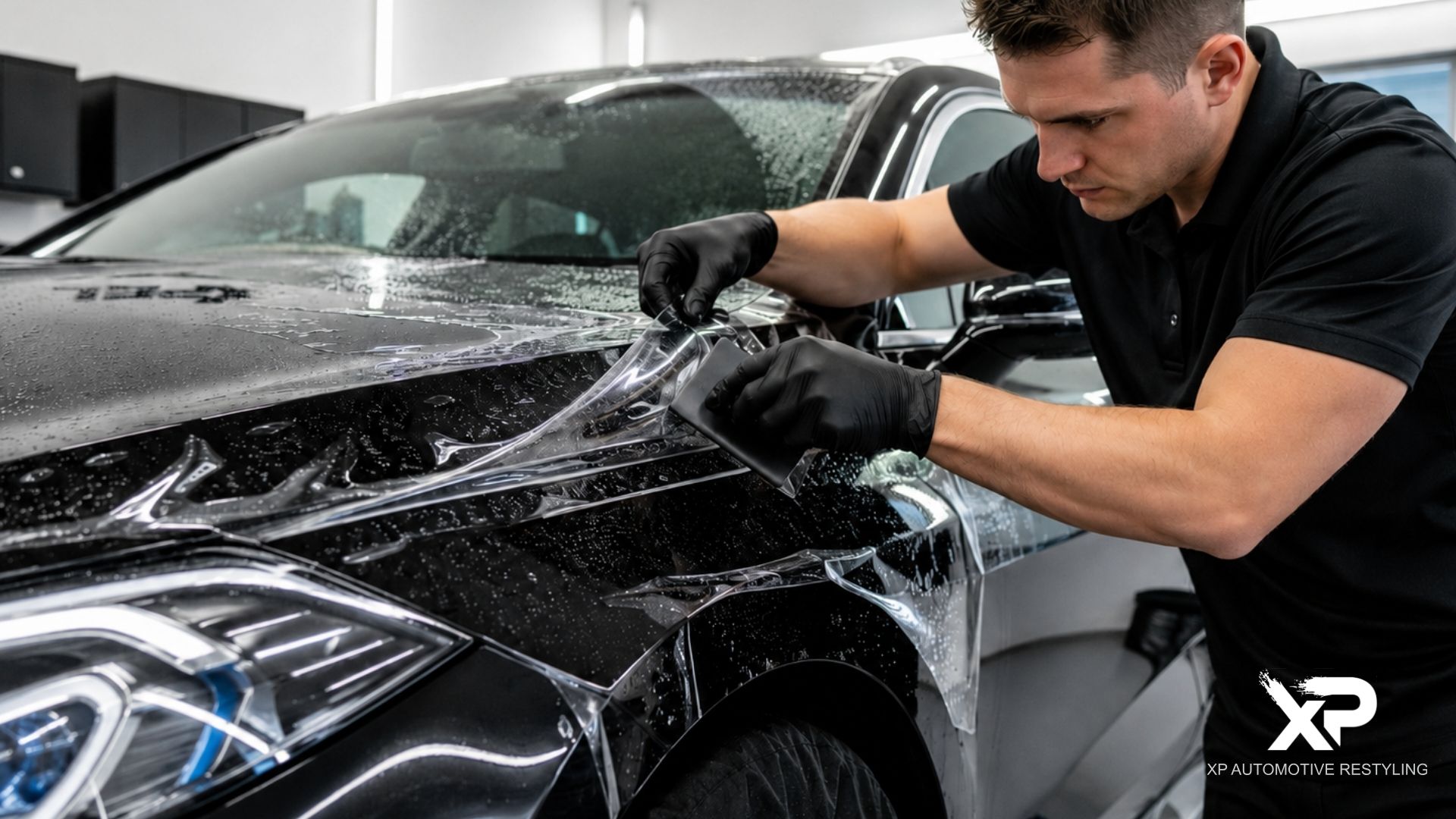 A technician in black gloves applies paint protection film across the front fender and headlight area of a black SUV.