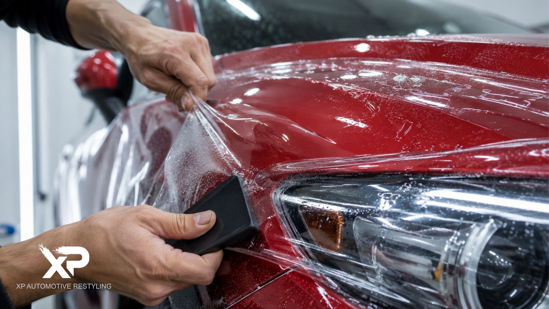 A technician applies paint protection film around the headlight and front fender of a red vehicle. The text "XP AUTOMOTIVE RESTYLING" appears in the bottom left corner.