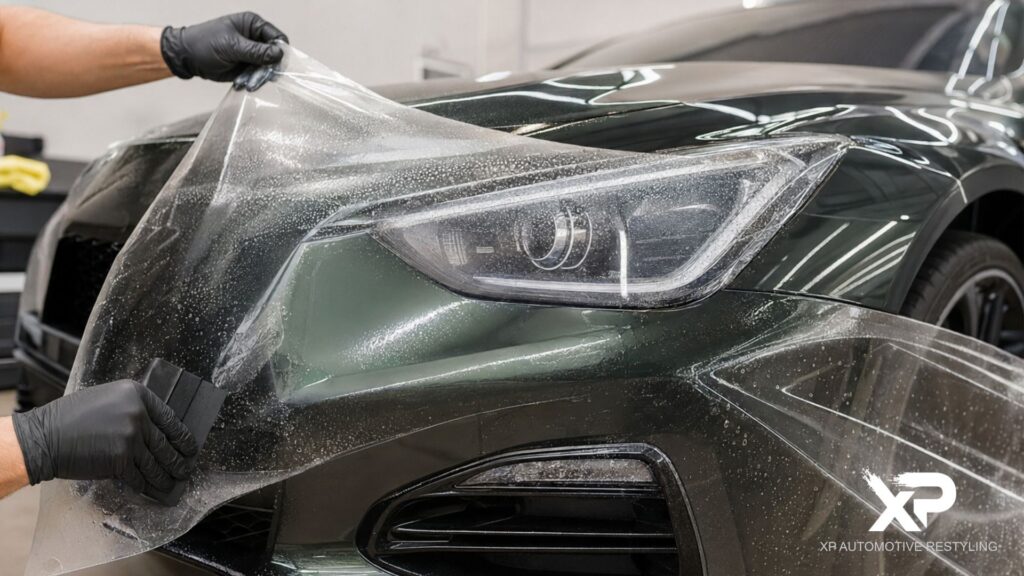 Installer stretches and positions paint protection film over the front headlight and bumper of a dark green vehicle.