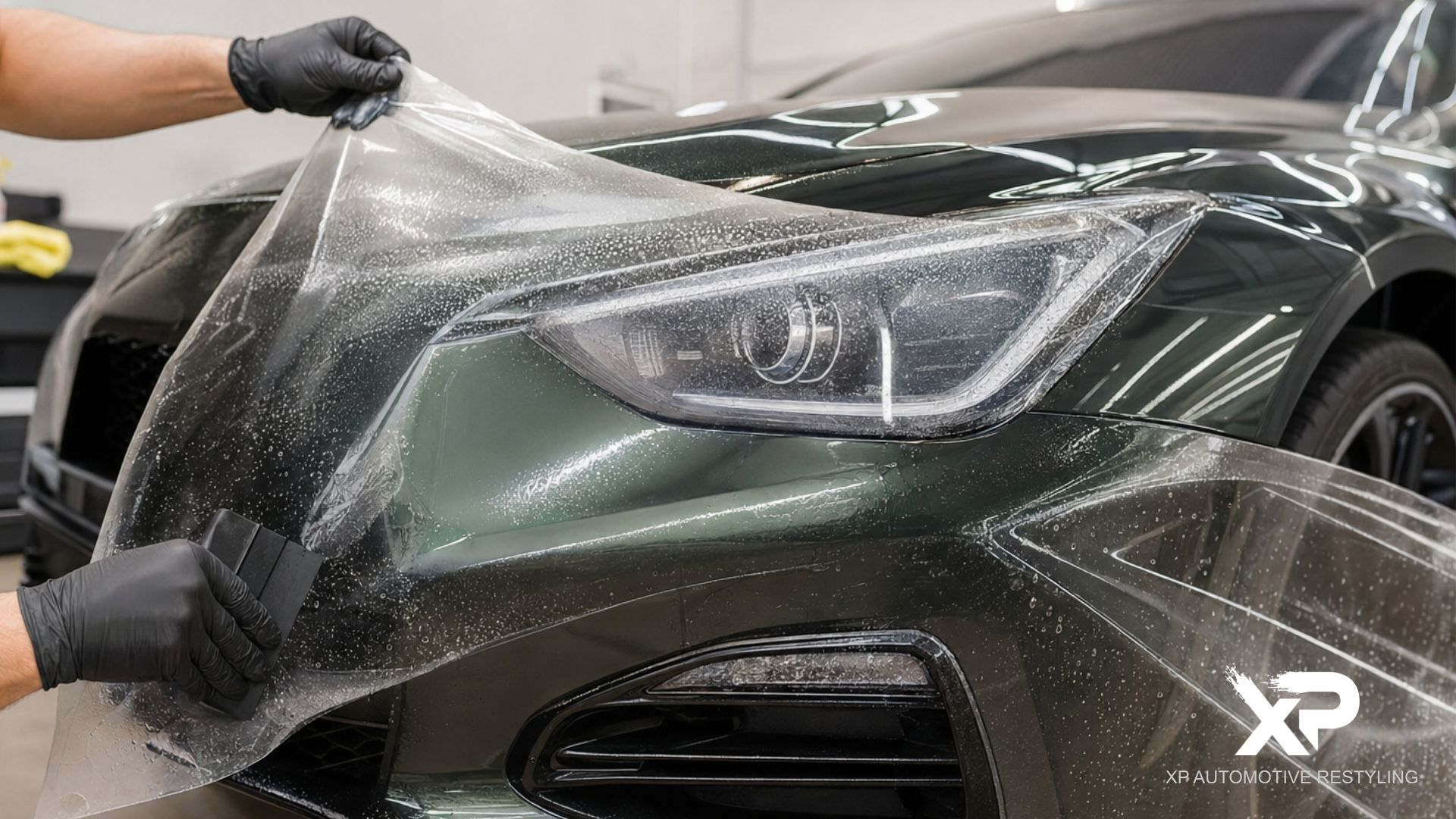 Installer stretches and positions paint protection film over the front headlight and bumper of a dark green vehicle.