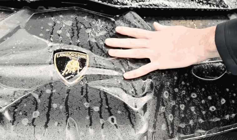 A technician smooths wet paint protection film across the hood of a black Lamborghini. The Lamborghini badge remains visible beneath the clear protective layer.