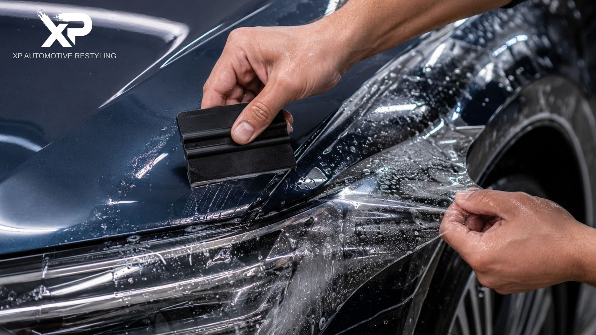 A technician uses a black squeegee to apply paint protection film around the headlight and front fender of a dark blue vehicle.