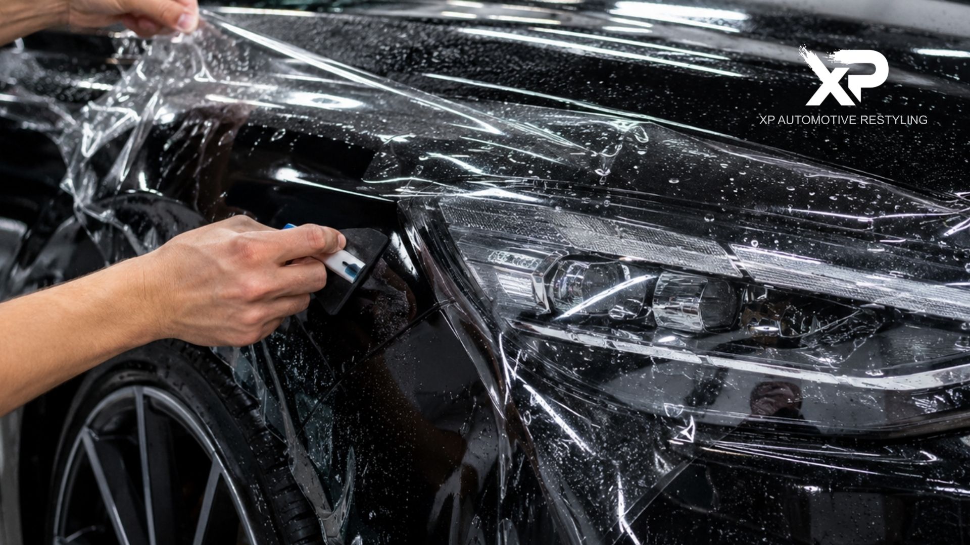 A technician applies paint protection film around the headlight and front fender of a black vehicle. The text "XP AUTOMOTIVE RESTYLING" appears in the top right corner.