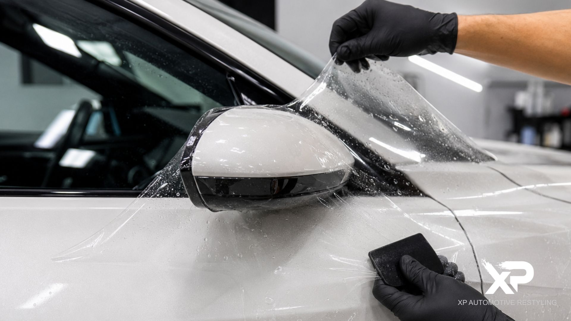 Technician installs paint protection film (PPF) around the side mirror and front panel of a white car using a squeegee in an auto detailing shop.