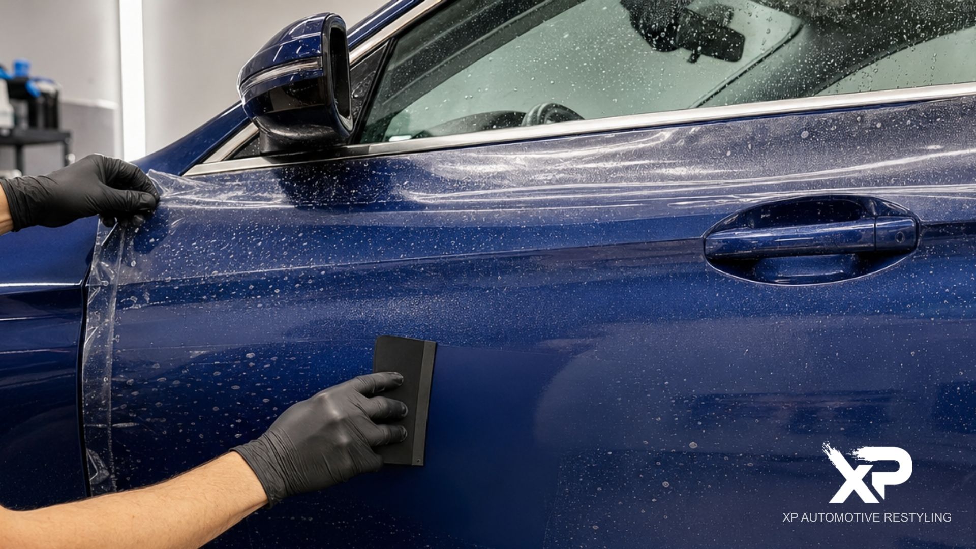 Technician applying paint protection film to a blue car door using a squeegee for a smooth, protective finish.