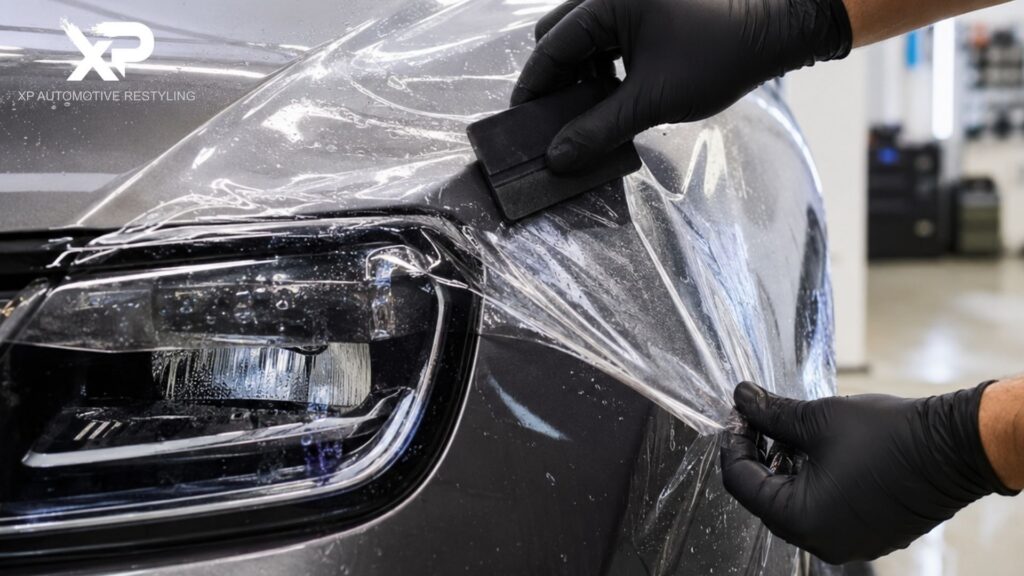 A technician applies paint protection film around the headlight and front fender of a gray vehicle.