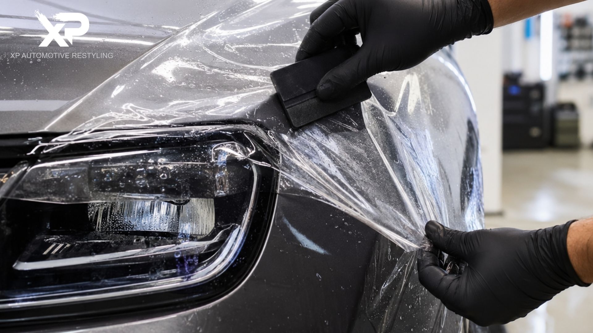 A technician applies paint protection film around the headlight and front fender of a gray vehicle.