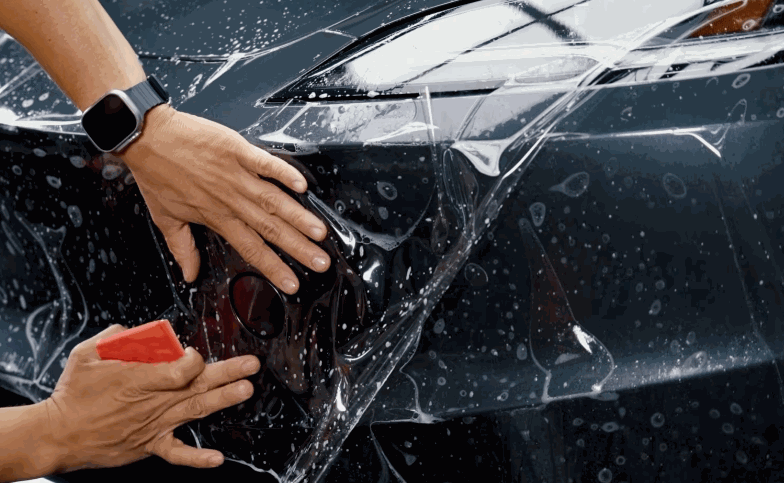 A technician uses a red squeegee to apply paint protection film around the headlight and front fender of a dark vehicle. Water droplets cover the clear film as it is smoothed into place.