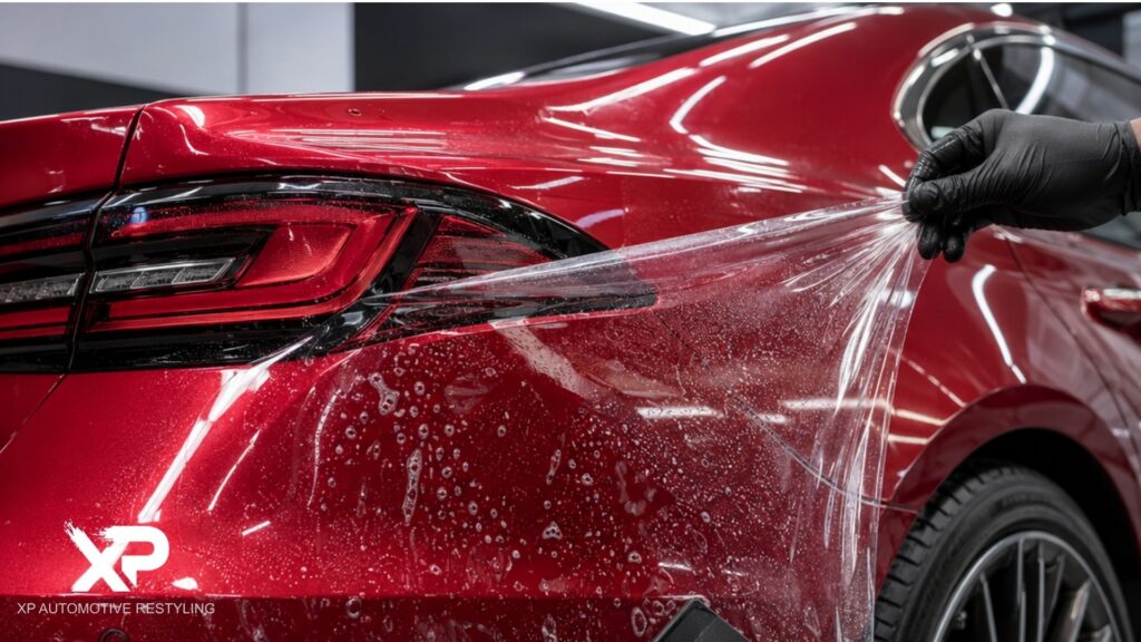 A technician stretches paint protection film across the rear quarter panel of a red vehicle near the taillight.