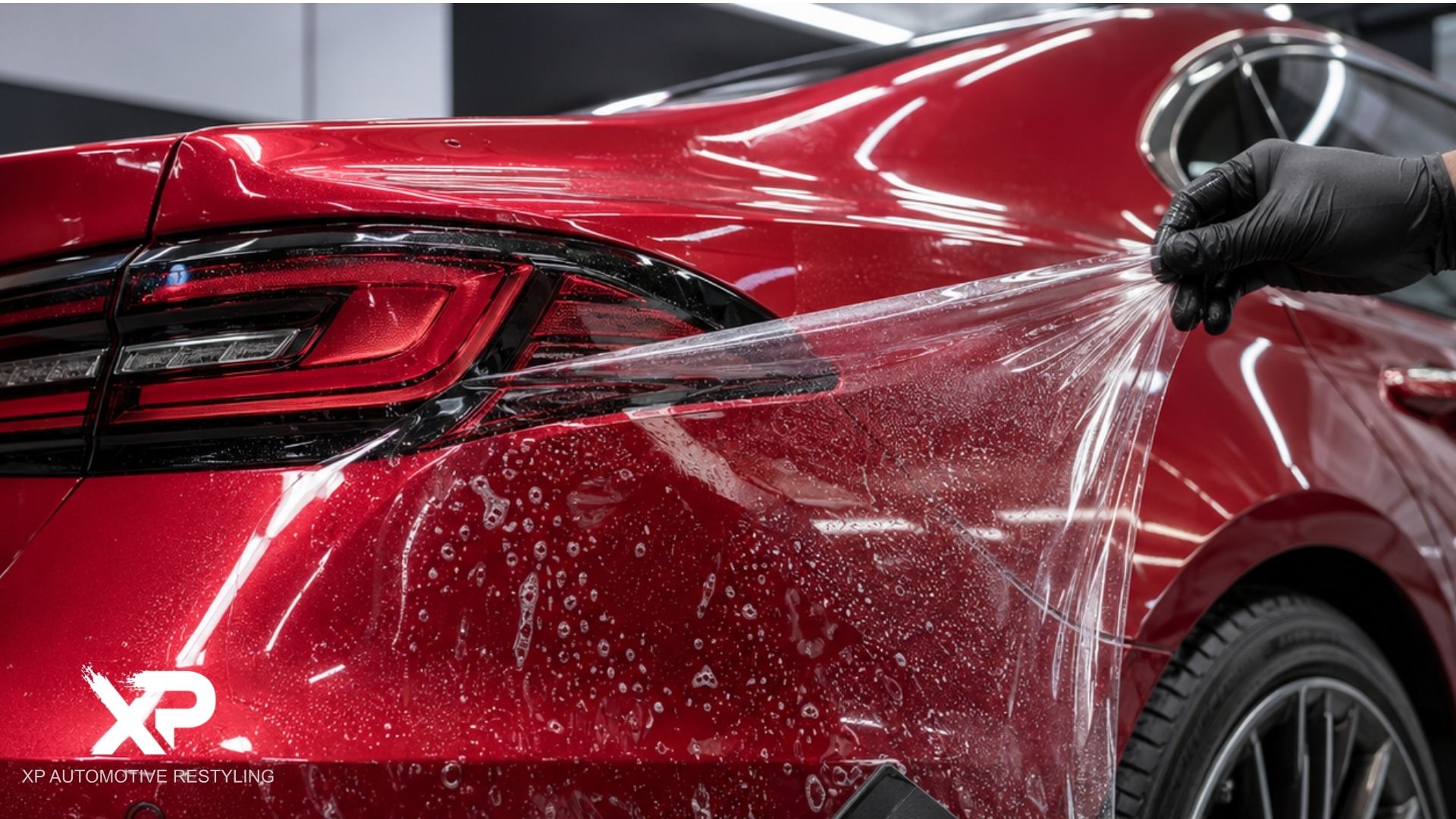 A technician stretches paint protection film across the rear quarter panel of a red vehicle near the taillight.