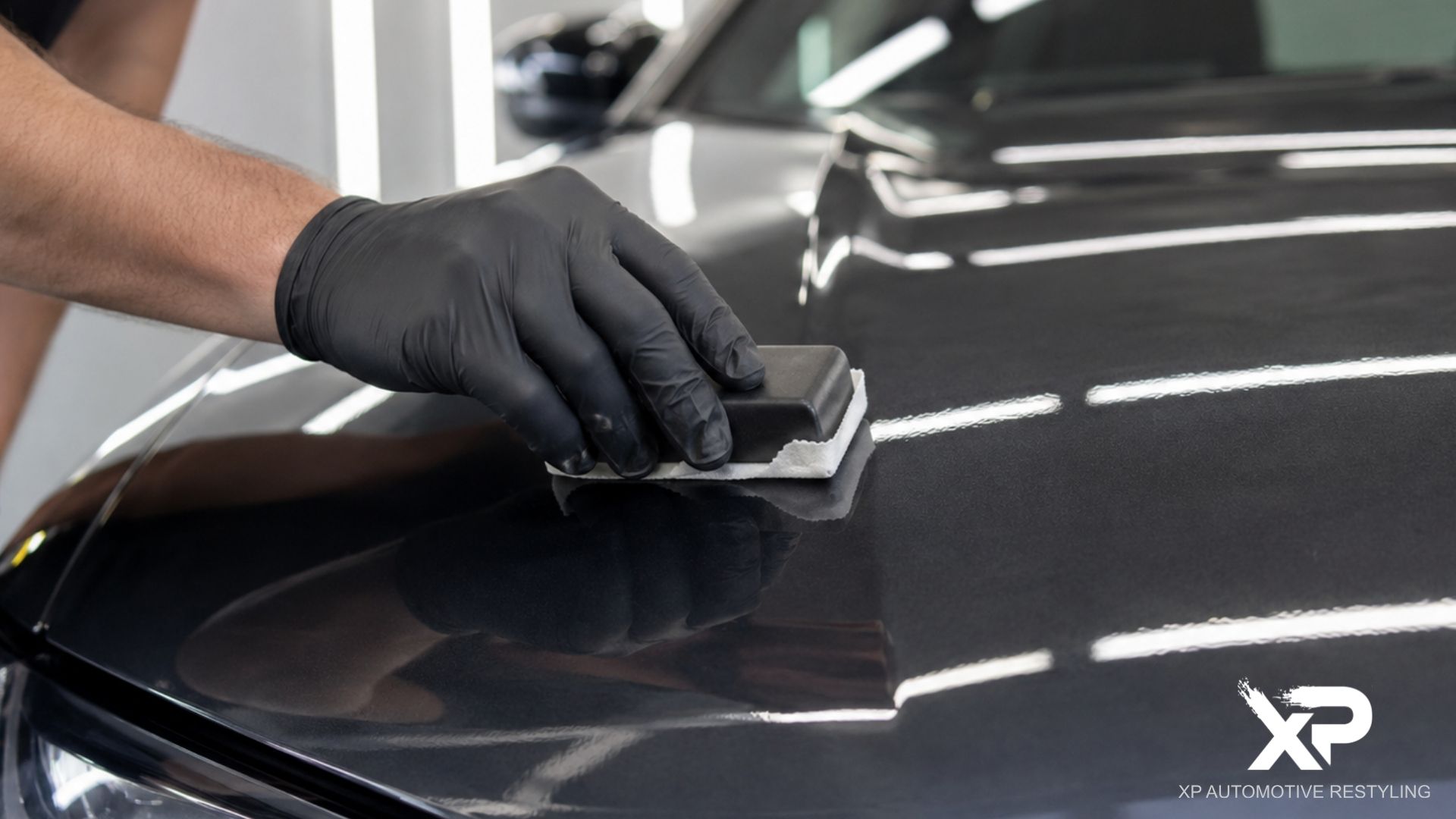 A gloved technician applies ceramic coating to a dark hood with an applicator pad.