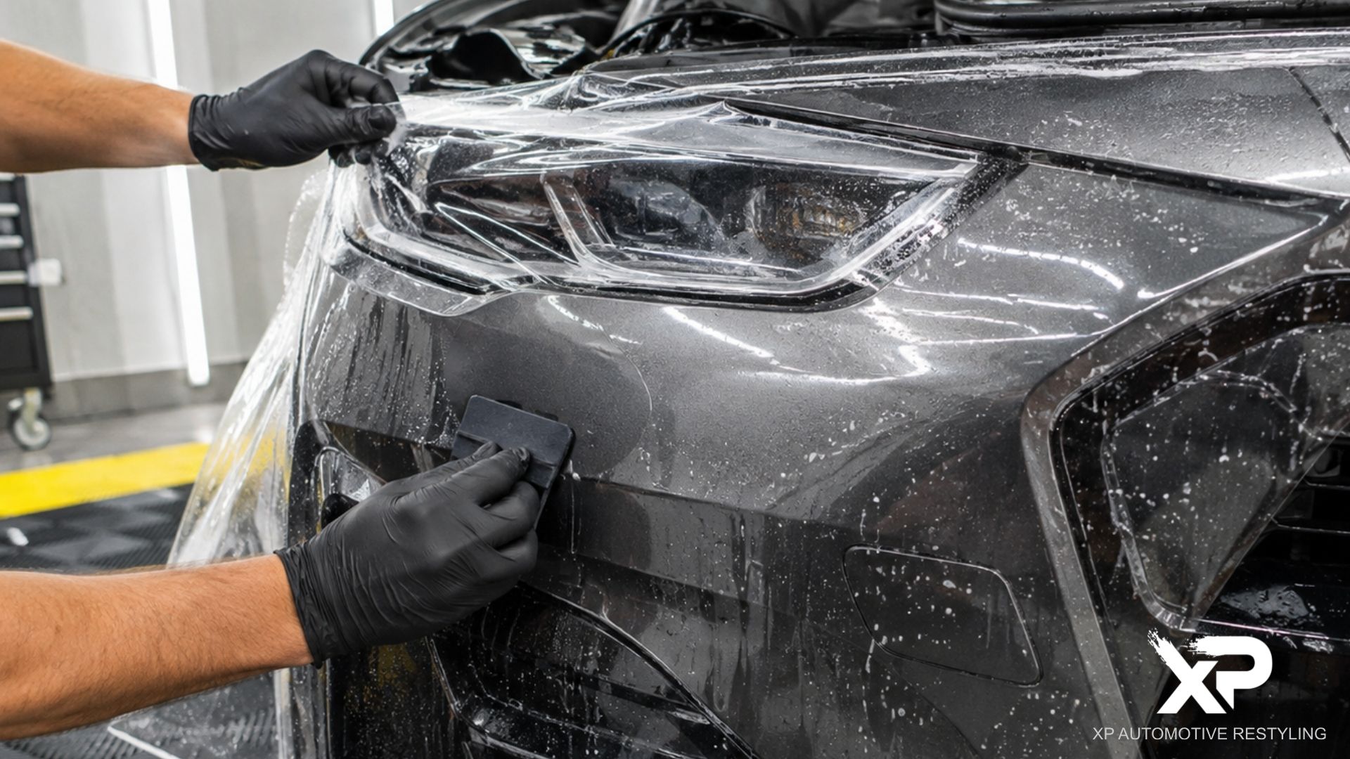 Technician smoothing paint protection film across the front bumper and headlight area of a gray vehicle.