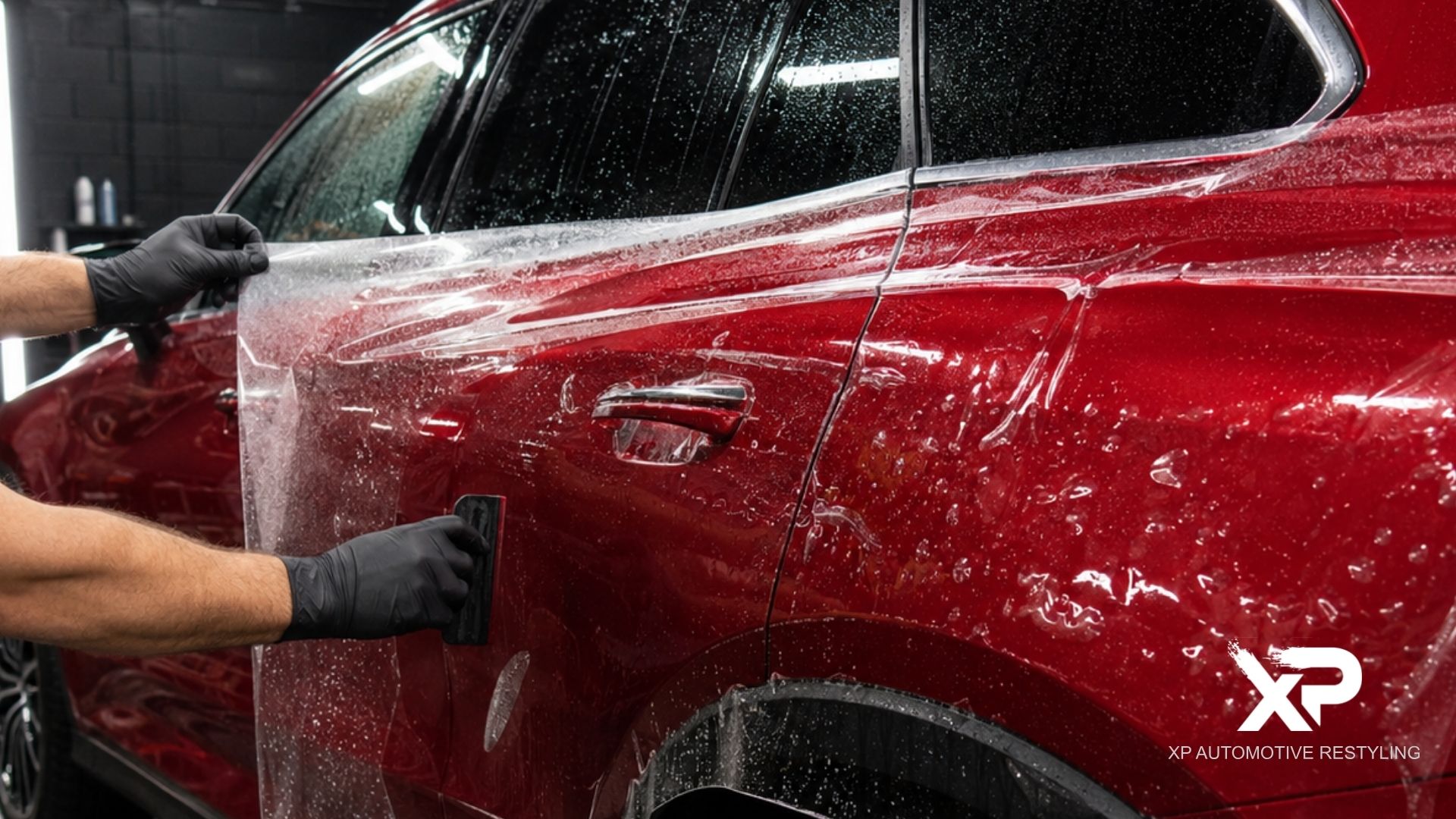 Technician smooths paint protection film across the side doors and rear quarter panel of a red SUV.