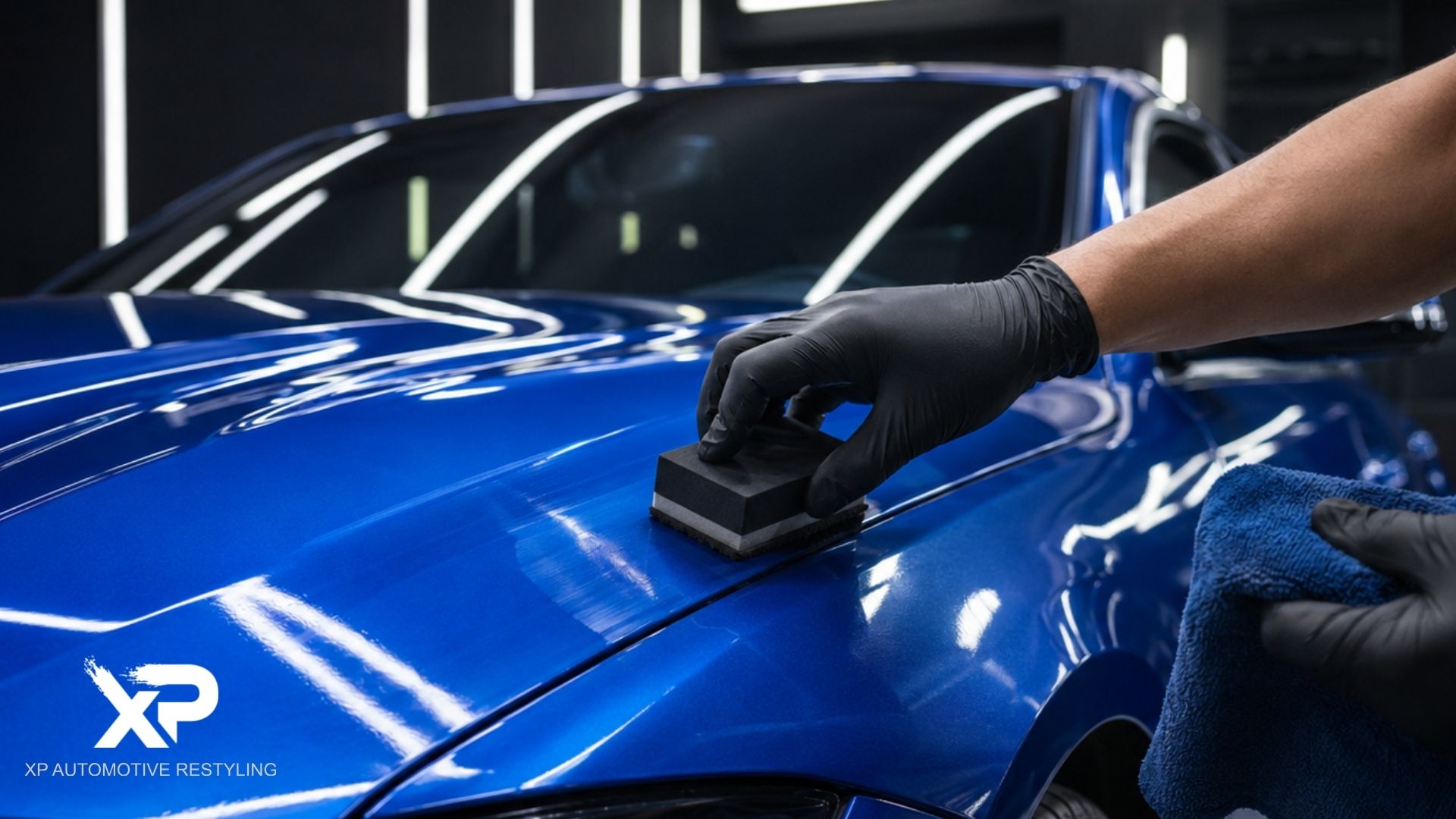 Technician applies ceramic coating to a blue car hood with a hand applicator pad.