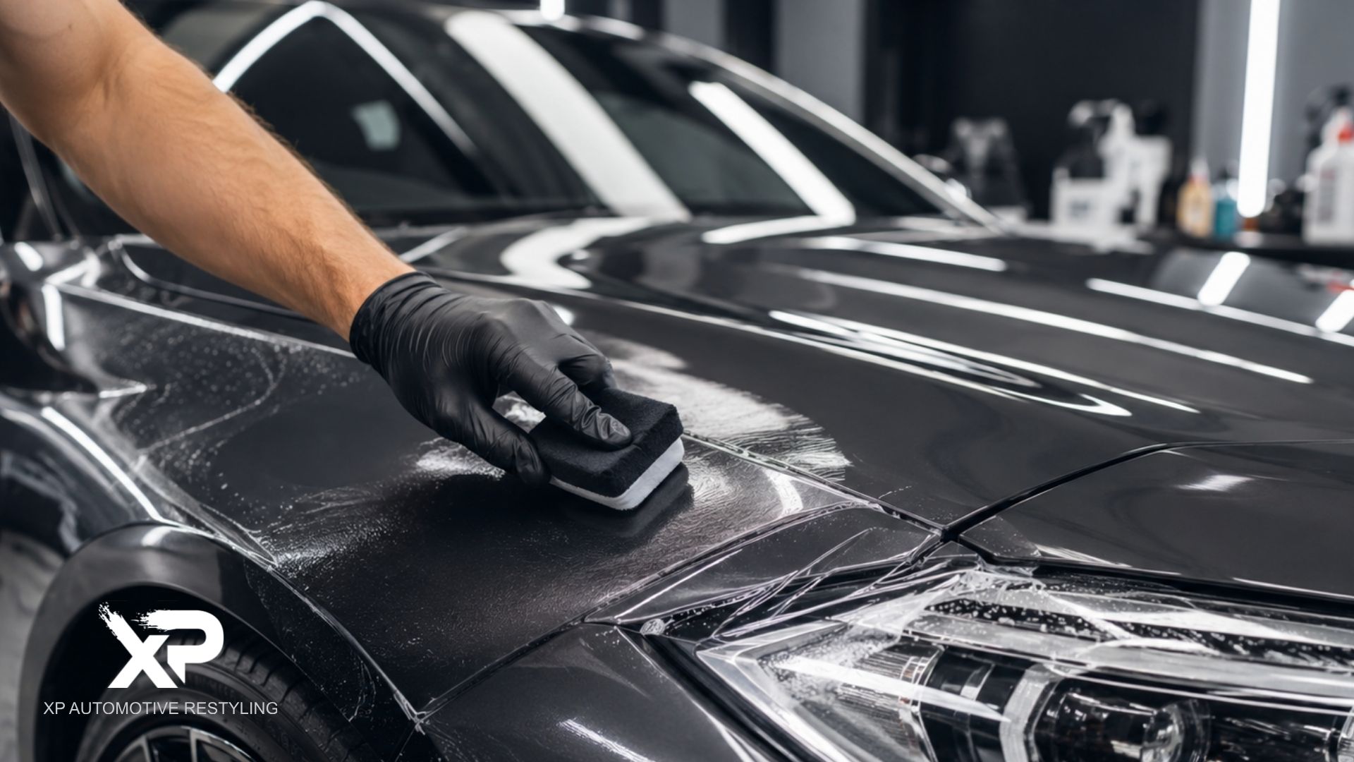 Technician smooths paint protection film over the front hood and headlight area of a black car.