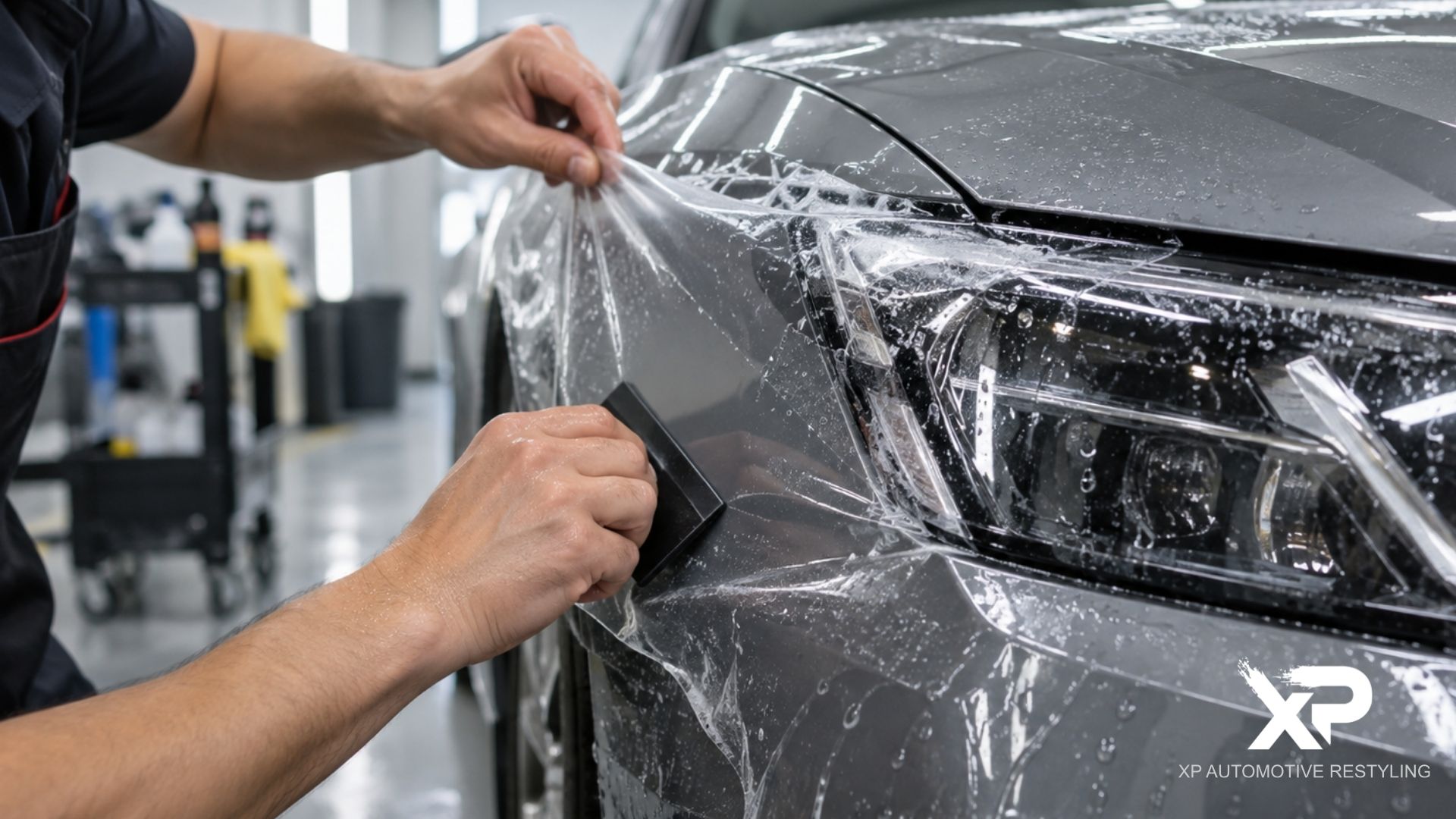 Installer stretches paint protection film across the headlight and front fender of a gray car.