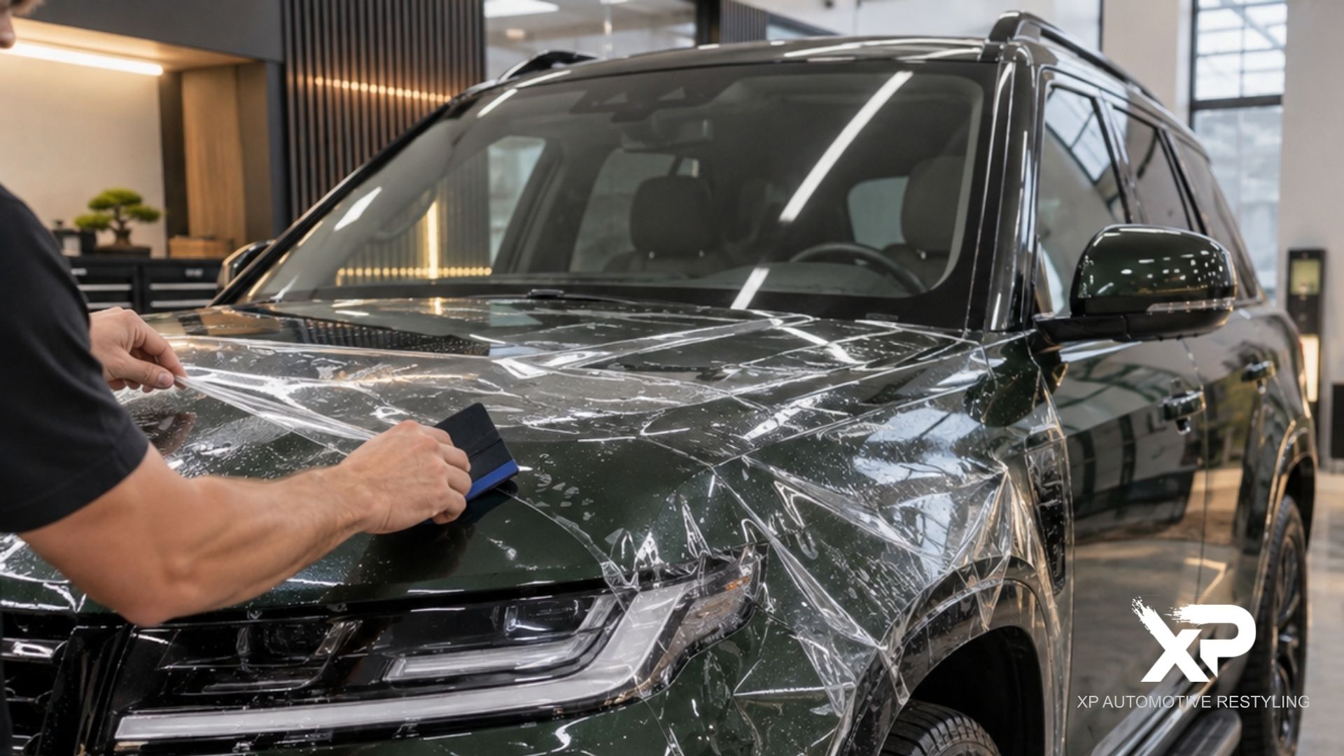 Installer applies paint protection film PPF across the hood and front fender of a dark SUV using a squeegee. The text "XP AUTOMOTIVE RESTYLING" appears in the bottom right corner.