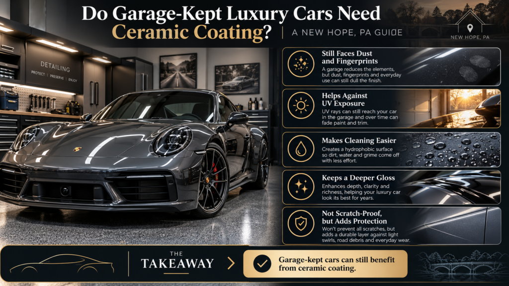 Infographic showing a luxury car in a garage and explaining why garage kept vehicles can still benefit from ceramic coating.
