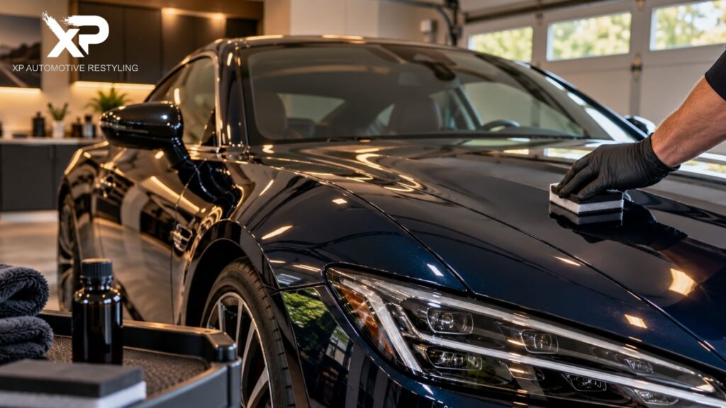 Detailer wearing a black glove applies ceramic coating to the glossy hood of a dark blue luxury car inside a garage.