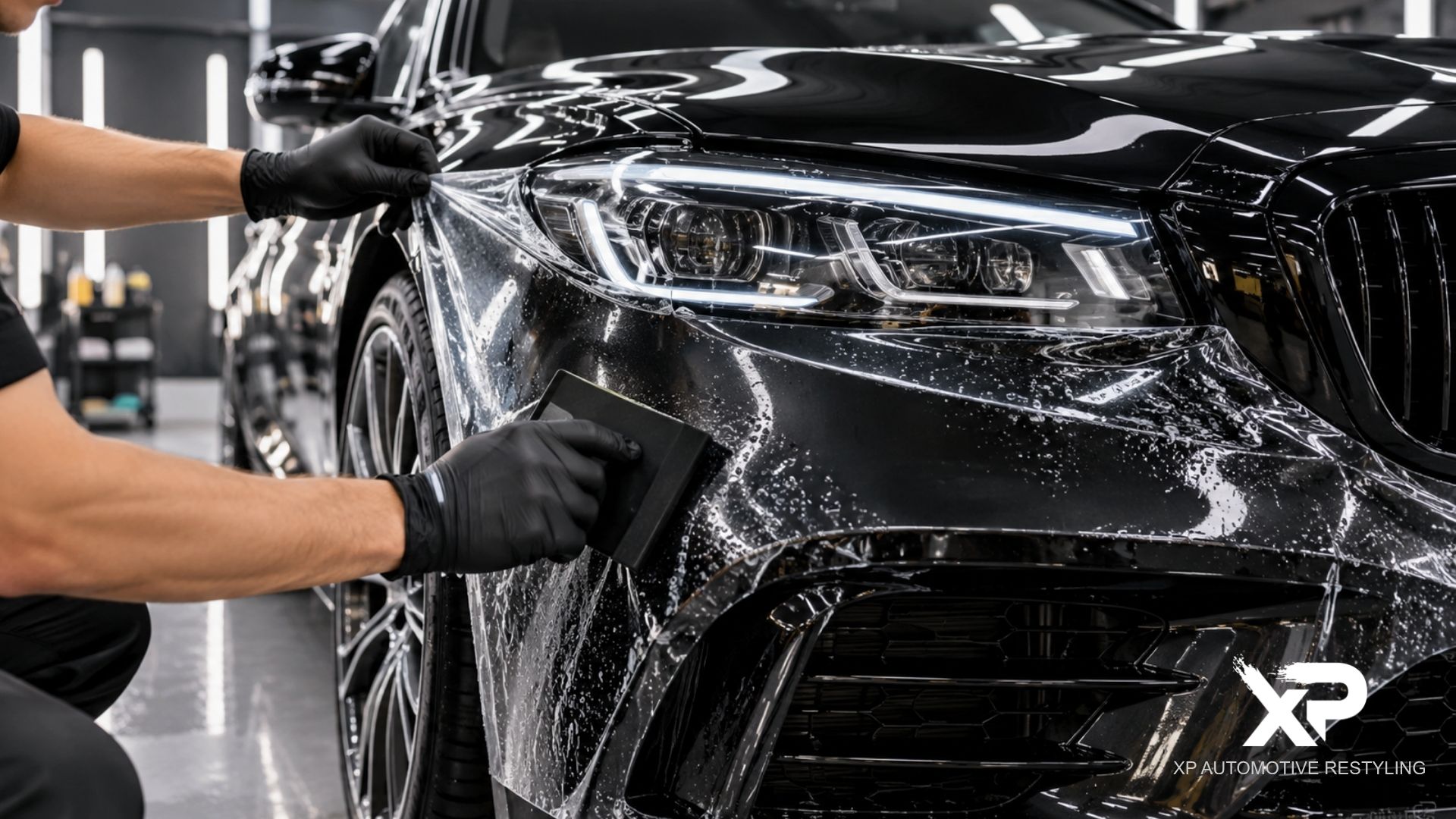 Installer applies clear paint protection film across the front fender and bumper of a black luxury car using a squeegee and application solution.