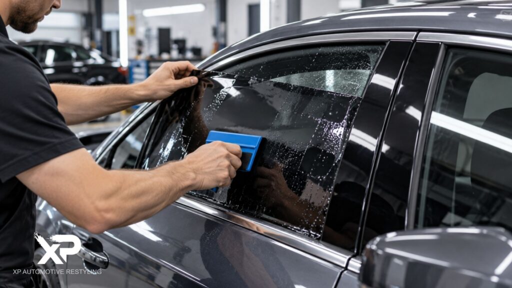 Technician installs dark window tint on the side window of a gray car using a blue squeegee over the wet film. The visible logo reads "XP Automotive Restyling".