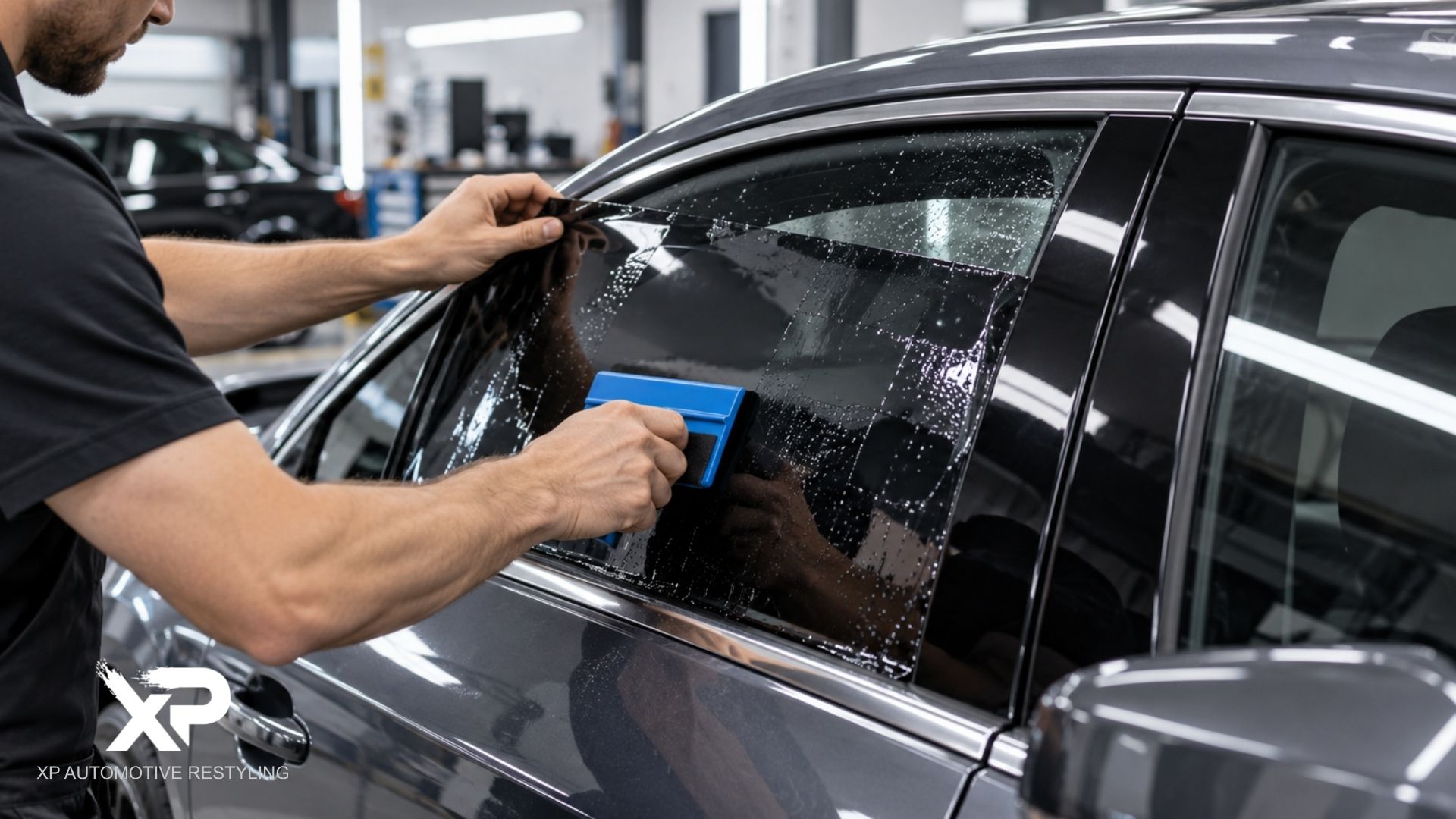 Technician installs dark window tint on the side window of a gray car using a blue squeegee over the wet film. The visible logo reads "XP Automotive Restyling".