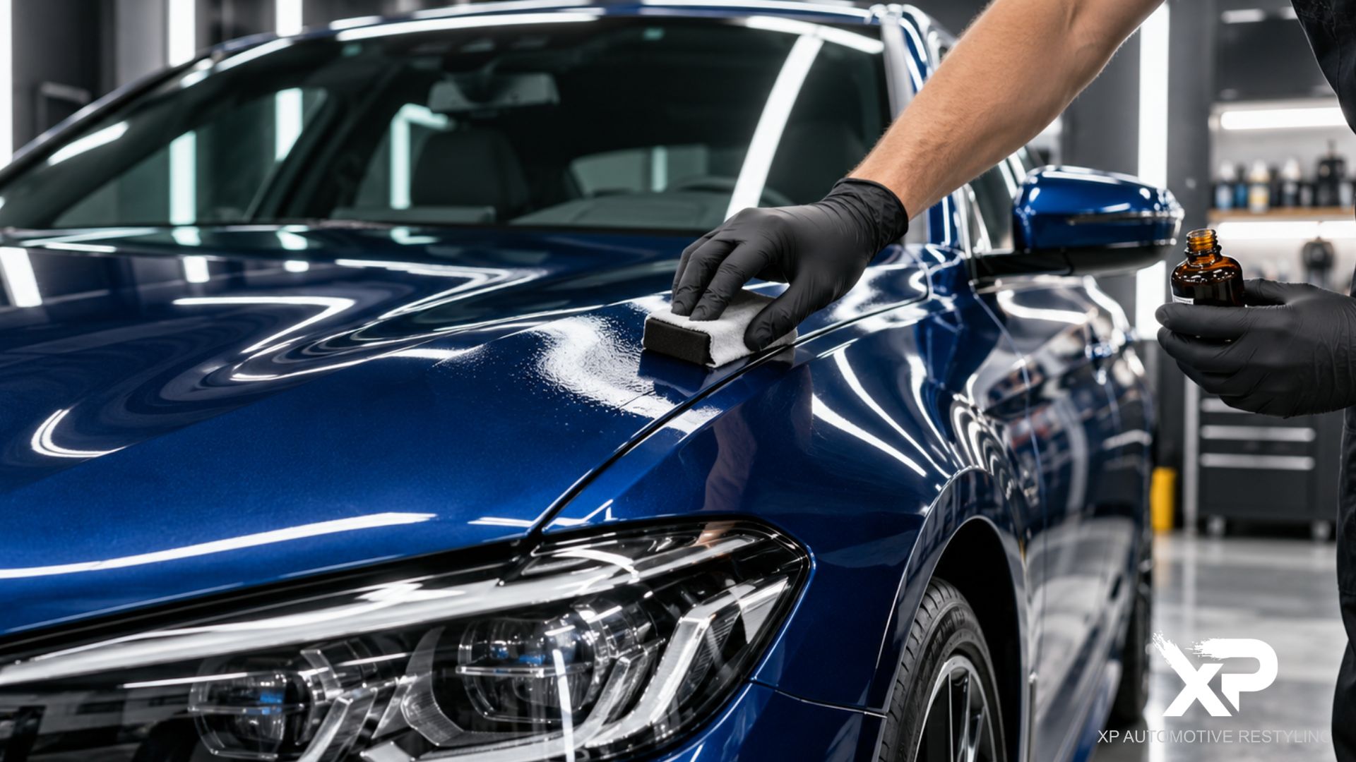 ceramic coating application on a blue car